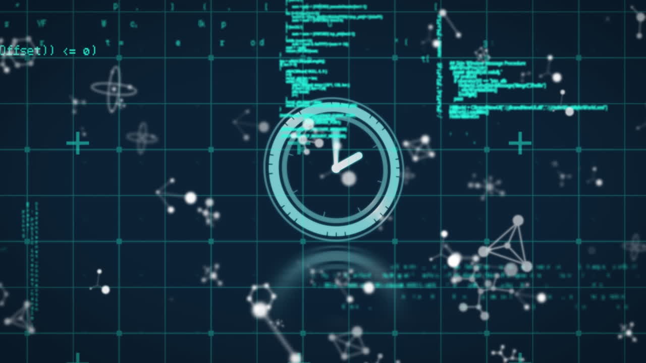 Animation of data processing, molecules and clock moving fast over gird