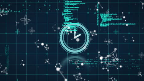 animation of data processing, molecules and clock moving fast over gird