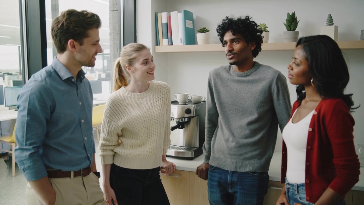 Talking coworkers in work attire sharing smiles and nods at office kitchenette with coffee machine