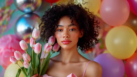 portrait of a young woman with tulips and colorful balloons