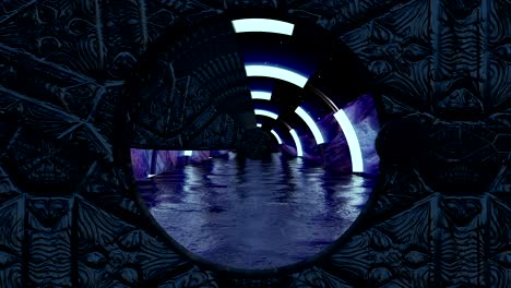 stone gate opens panoramic view to the alien landscape scene. 3d abstract background of sci-fi corridor. futuristic technology vj for tech titles and background.