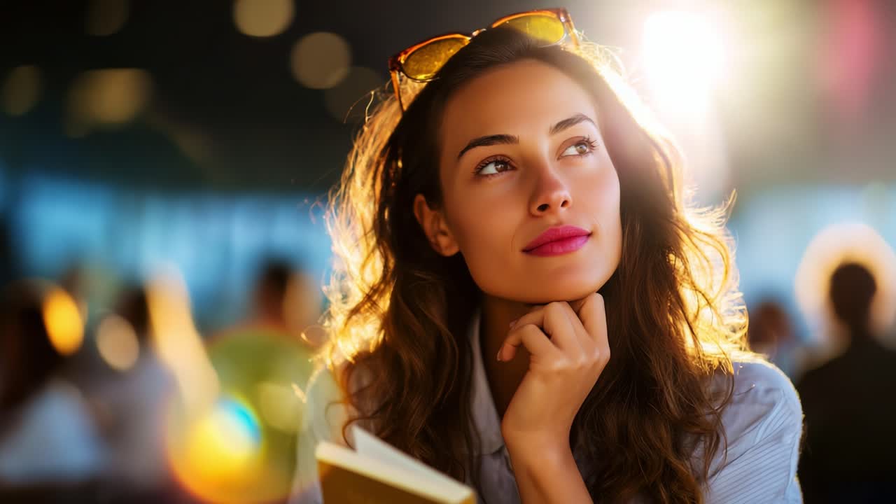 A thoughtful young woman with sunglasses, immersed in her own reflections while holding a book, finds herself surrounded by a warm and vibrant atmosphere filled with soft, glowing lights emanating from the background