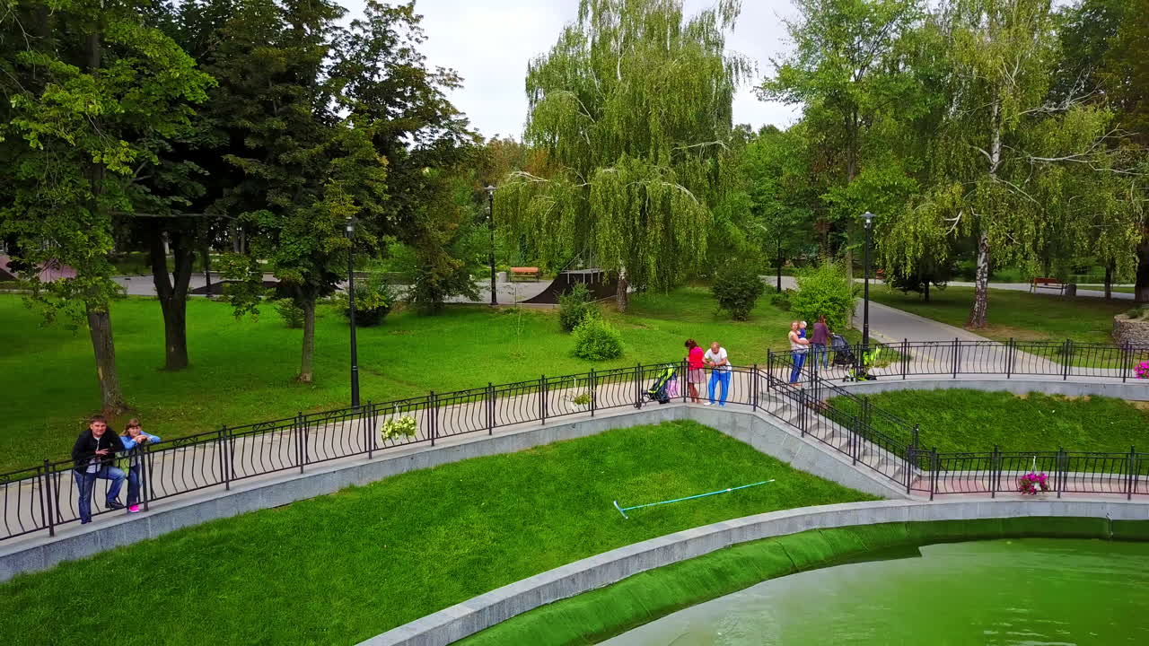 Green grass lawns and trees in the city park. People resting near the pond with fountains. Park in the city from top.