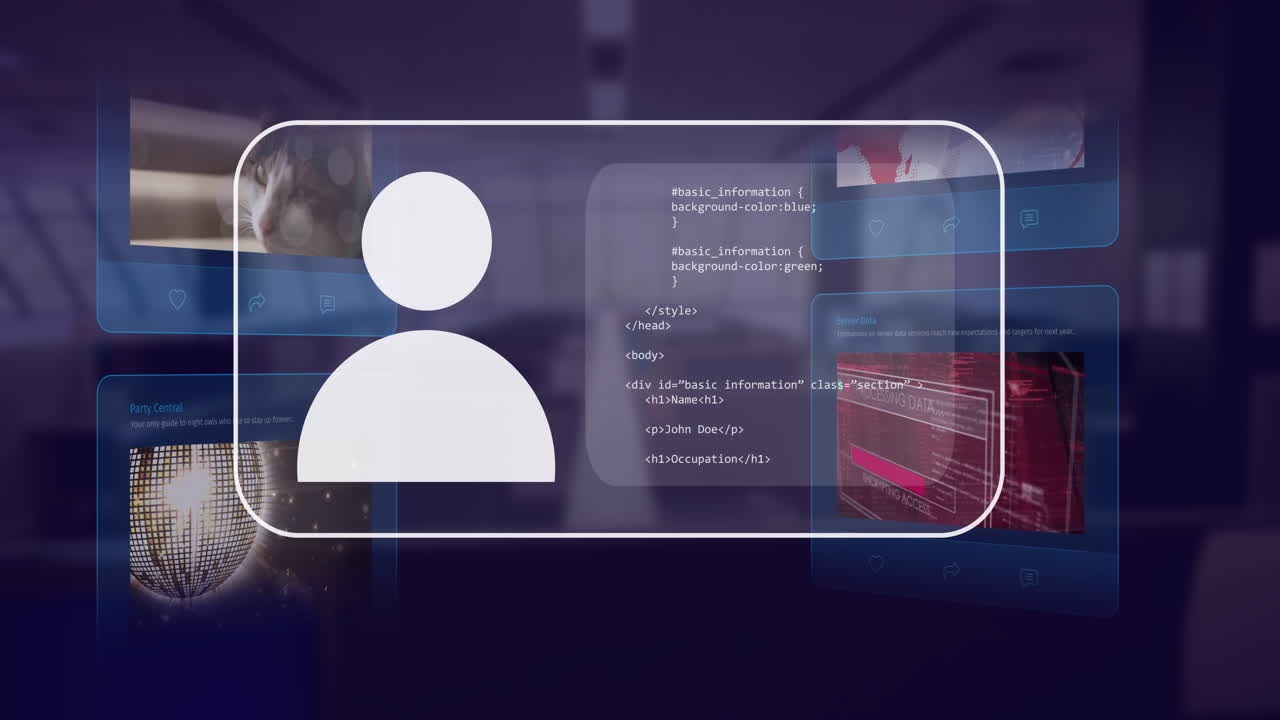 animación del procesamiento de datos sobre pantalla y fondo oscuro