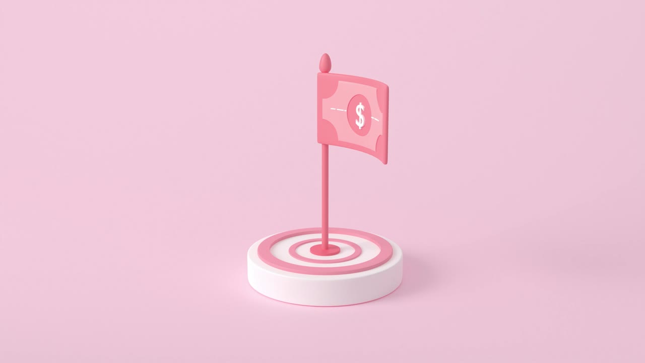 representación 3d de billetes de dinero bandera en el dólar objetivo. flecha financiera de negocios marketing concepto de objetivo financiero. bandera de moneda objetivo arriba. escalones o escaleras en la parte superior moneda de dinero. bandera en el medio del objetivo