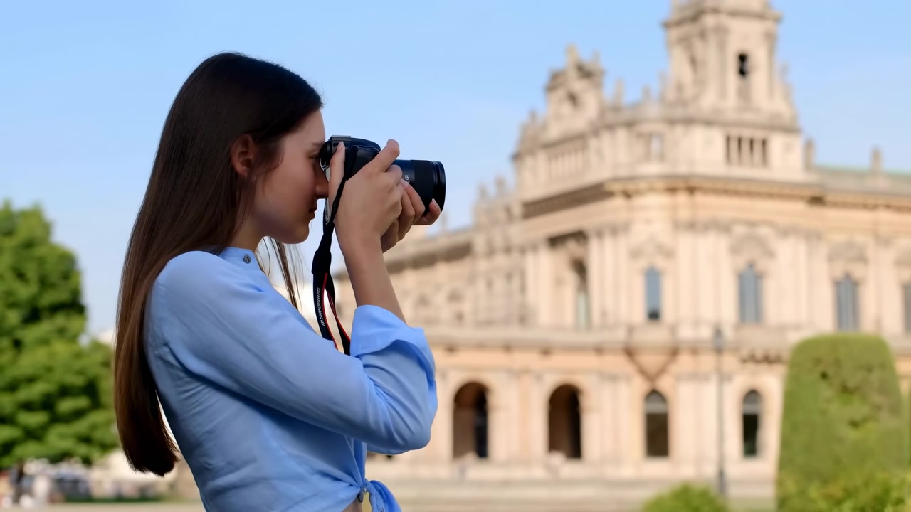 Donna bianca che fotografa la facciata di un palazzo storico con una fotocamera DSLR, turista che cattura dettagli architettonici.