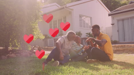 animation of falling hearts over happy african american family