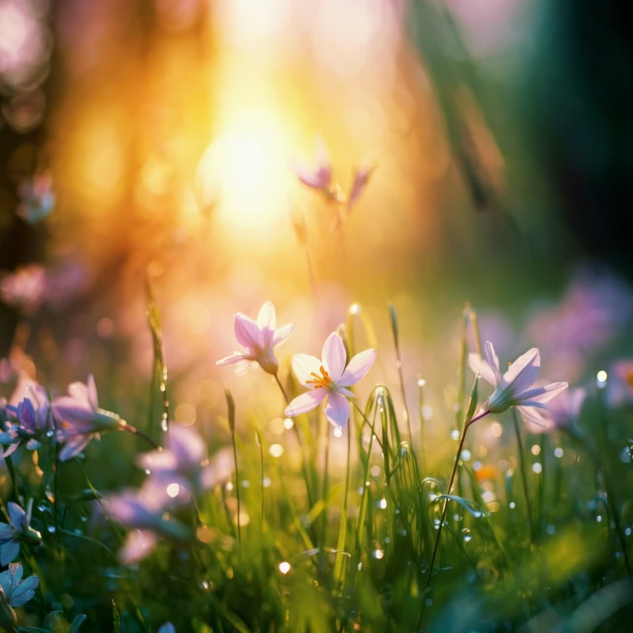 Close-up video shot of wildflowers at sunrise, capturing a dreamy, ethereal style with soft focus