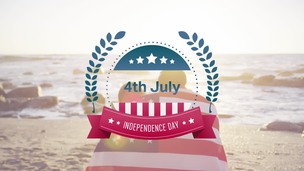 Couple cuddling and wearing US flag with independence date foreground