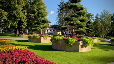 scenery of a beautiful park with colorful flowers in slovakia on a sunny day