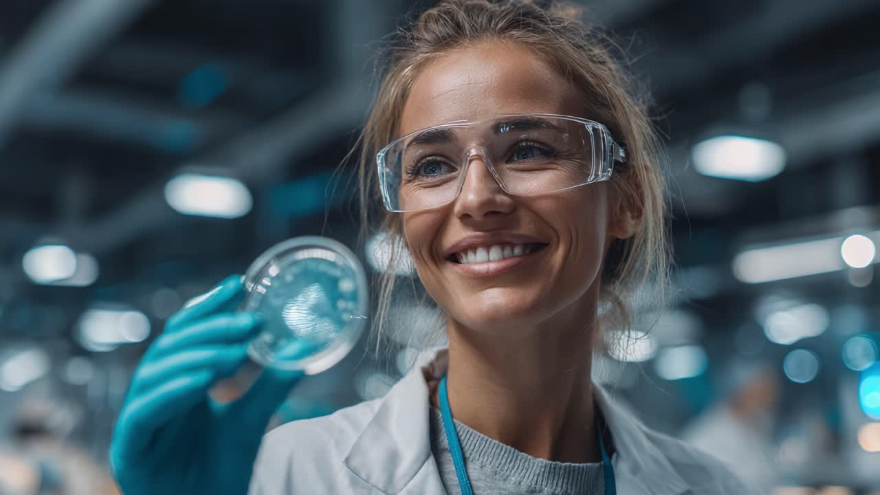 A Lab Technician Smiling While Holding a Petri Dish in a Modern Laboratory Environment, Showcasing Passion for Science and Research Innovation