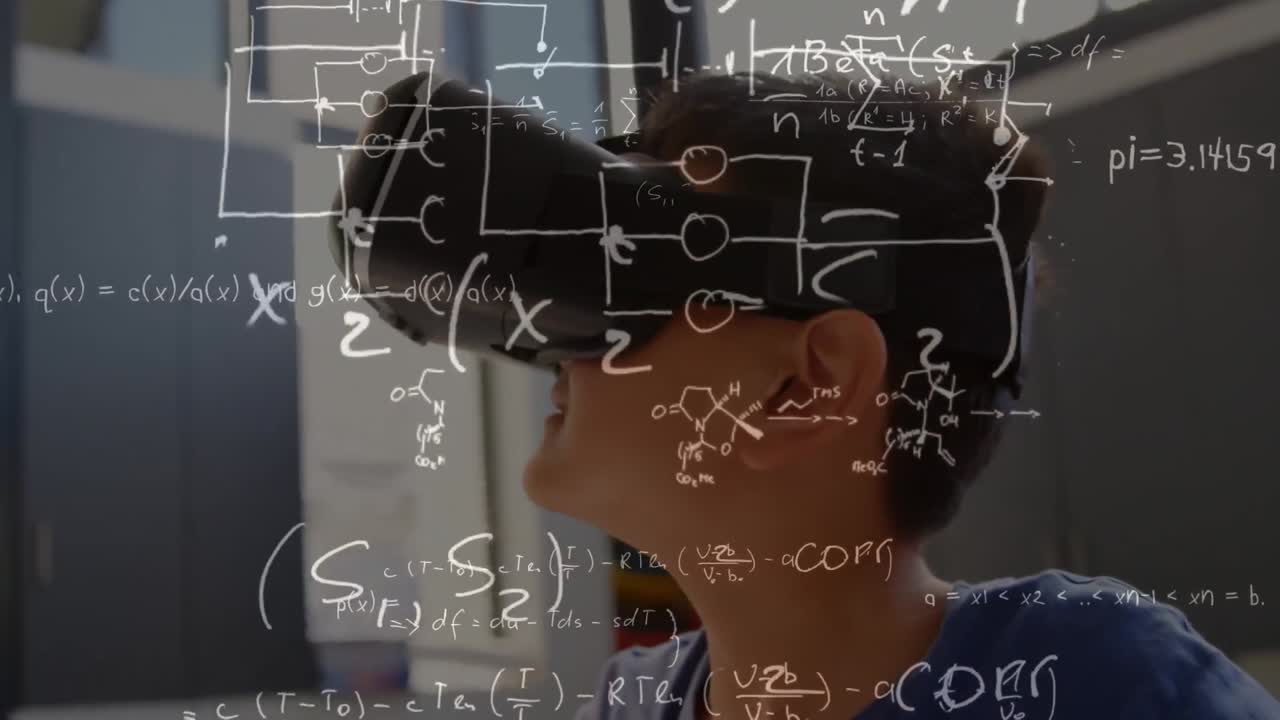 animación de ecuaciones sobre escolar que usa auriculares vr