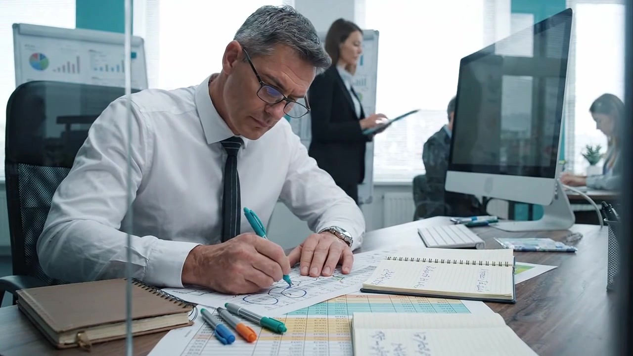 Profissional Focado Analisando Dados em um Ambiente de Escritório Moderno com Gráficos e Diagramas, Demonstrando Atenção aos Detalhes e Habilidades de Planejamento Estratégico