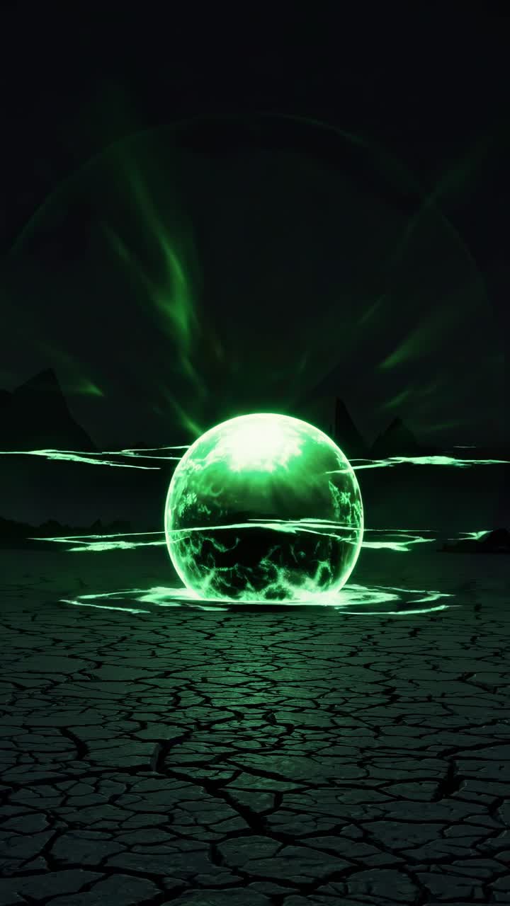 Mysterious Green Glowing Orb Emitting Energy on Cracked Earth