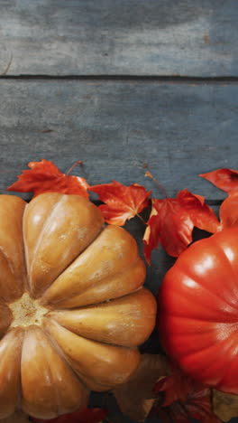 video vertical de calabazas y hojas de otoño en fondo de madera