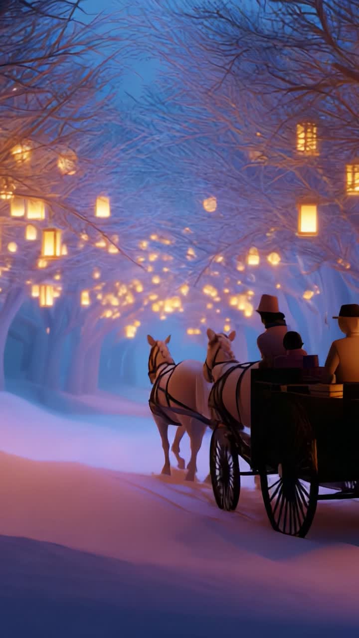 Una serena sera invernale: un viaggio in carrozza trainata da cavalli attraverso un sentiero innevato illuminato da lanterne, avvolto dal caldo bagliore di luci soffuse tra gli alberi che sussurrano, che abbraccia la tranquillità della natura