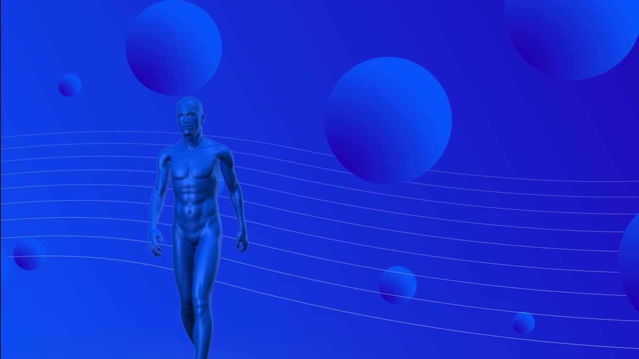 modelo humano metálico azul en 3d caminando sobre múltiples bolas azules