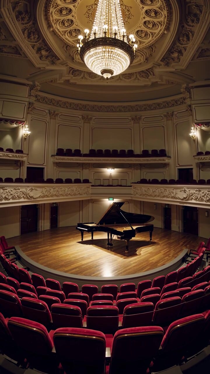 Grand Piano on Stage in an Empty Classical Concert Hall