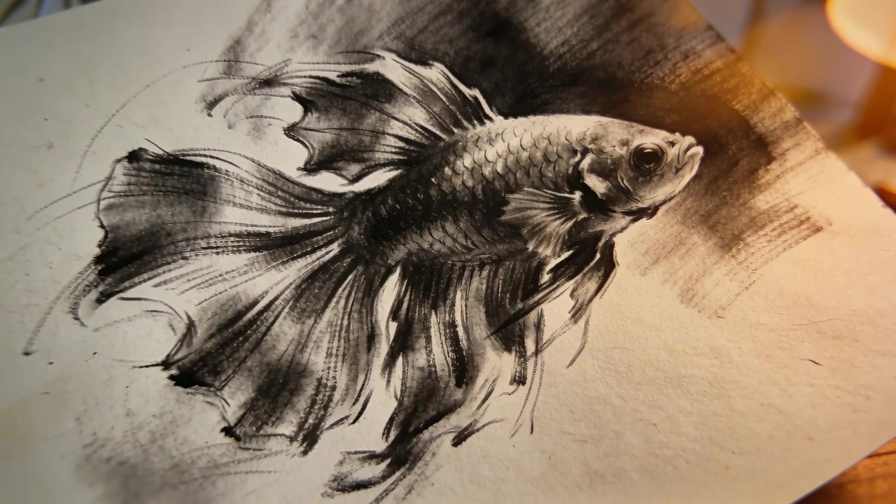 Telecamera panoramica che rivela lentamente un disegno monocromatico di pesce su una scrivania di legno, mostrando l'opera d'arte finita