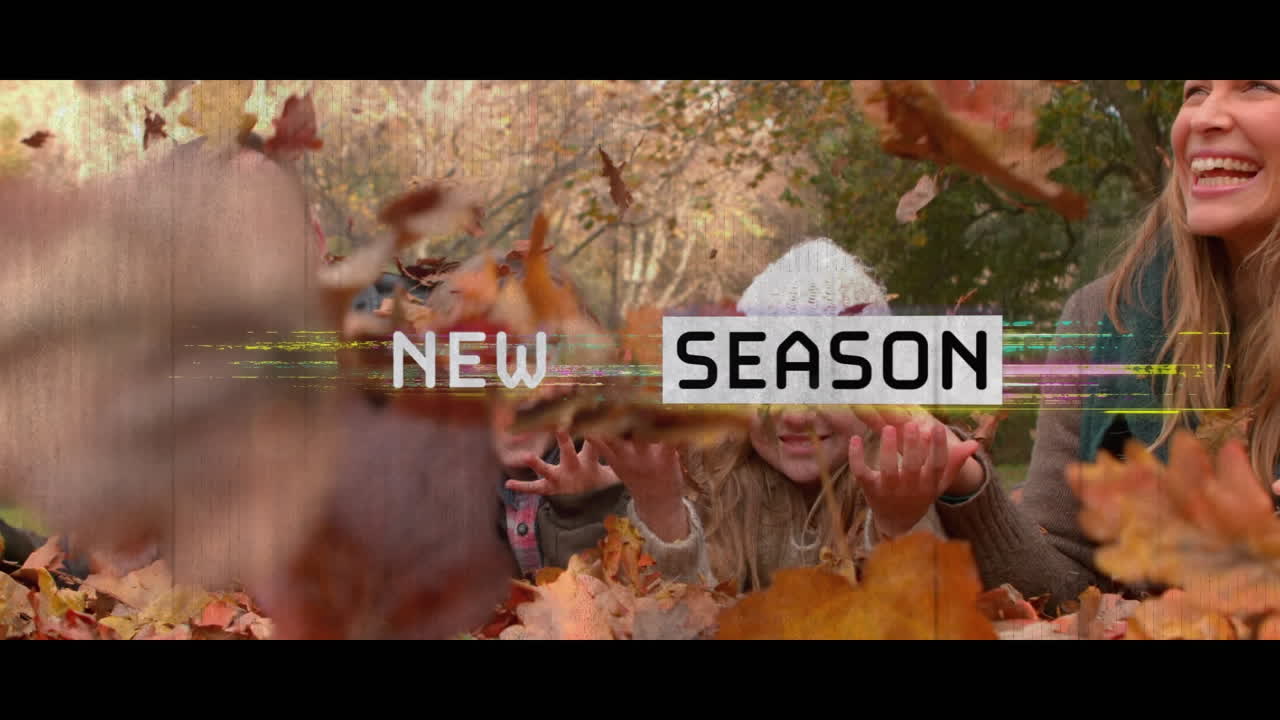 animación del texto de la nueva temporada sobre una familia feliz en un paisaje de otoño