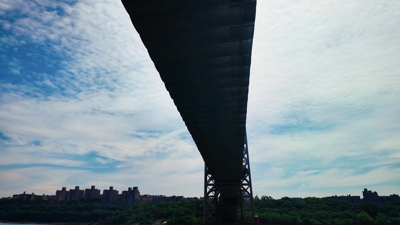 Cinematic boat passing beneath the George Washington Bridge on the Hudson River in New York City. Dramatic low-angle perspective with blue sky, clouds and iconic suspension bridge.