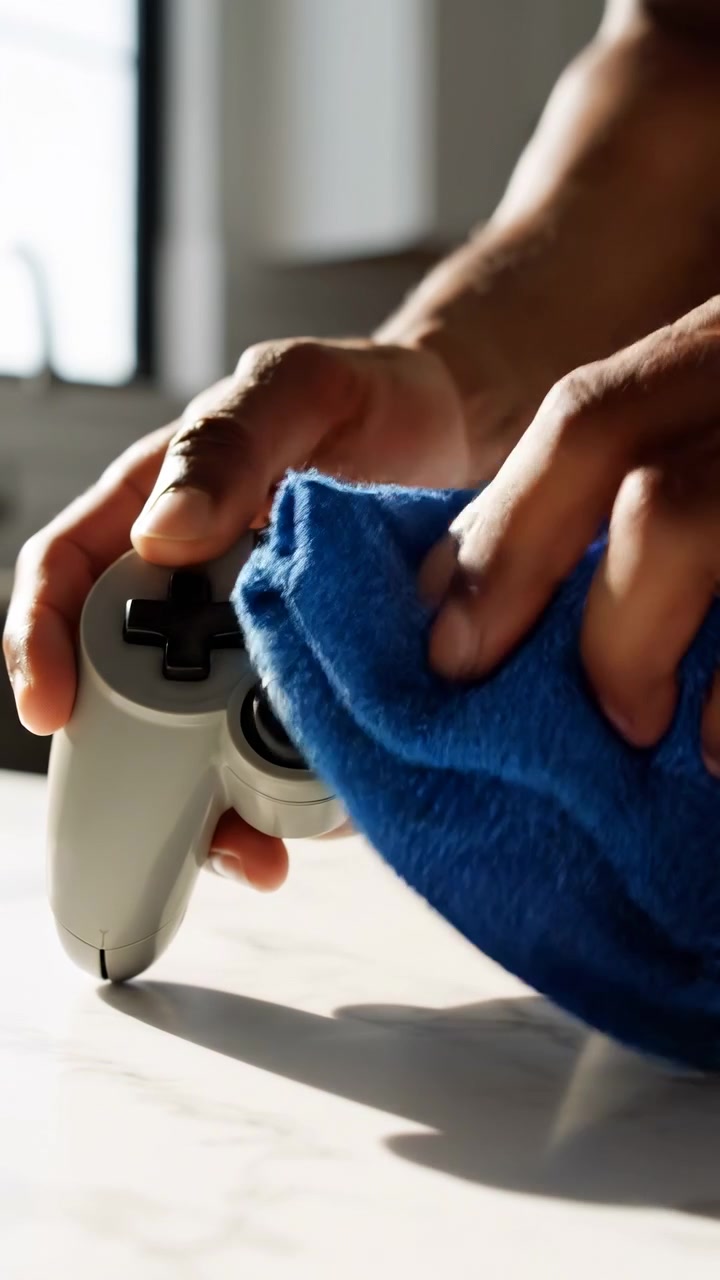 Close view shows two hands steadily cleaning the front of a white game controller with a soft blue cloth, passing over the directional pad and joysticks as strong daylight casts defined shadows.