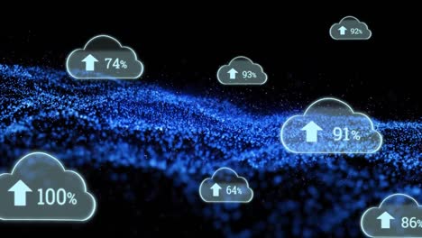 animación de iconos de nubes con porcentaje creciente y onda digital azul sobre fondo negro