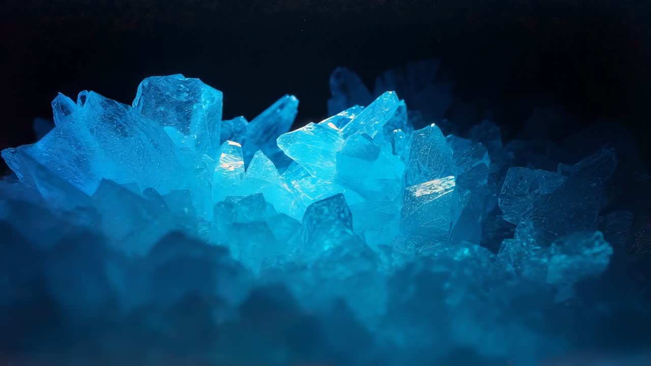 Opening closeup, camera pulling back and tilting upward in dark cavern, exposing blue crystals
