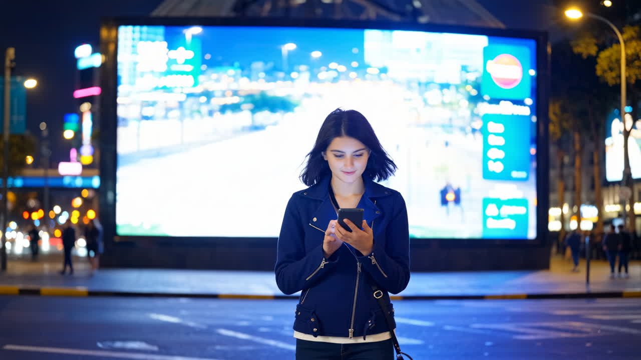 Woman using smartphone at night in a city with a large digital billboard