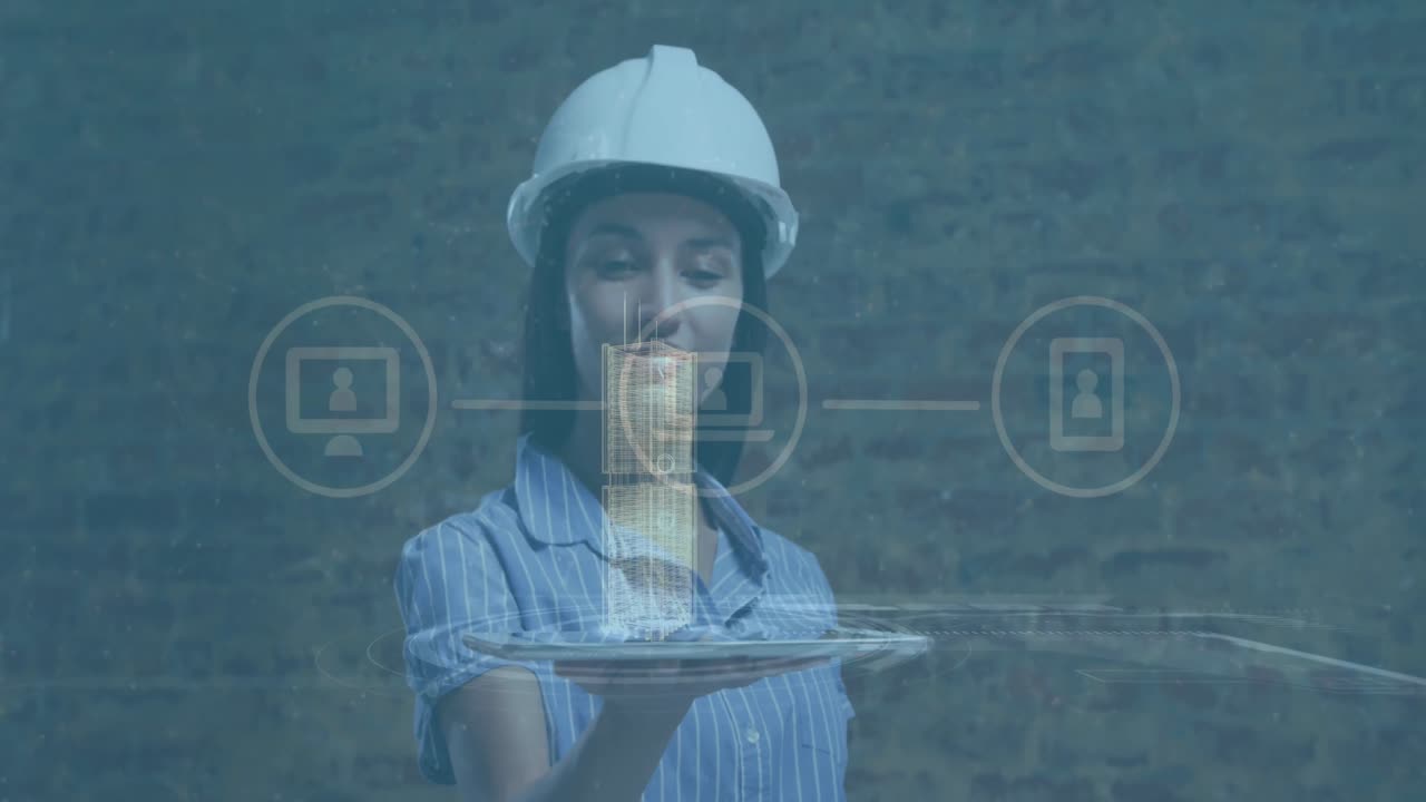 red de iconos digitales contra estructuras 3d holograma sobre una arquitecta que sostiene una tableta digital