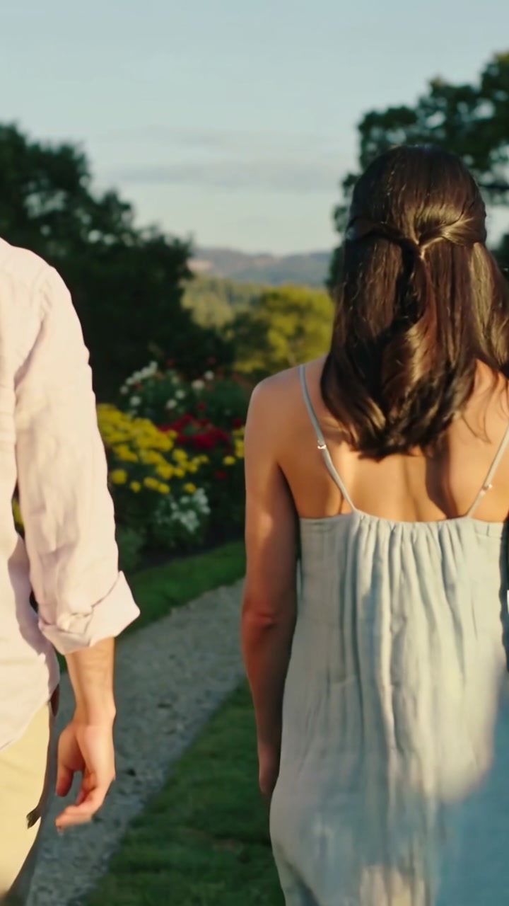 Vertical video: Cam tracking couple in shirt and blue dress walking to hills on garden path, blooms