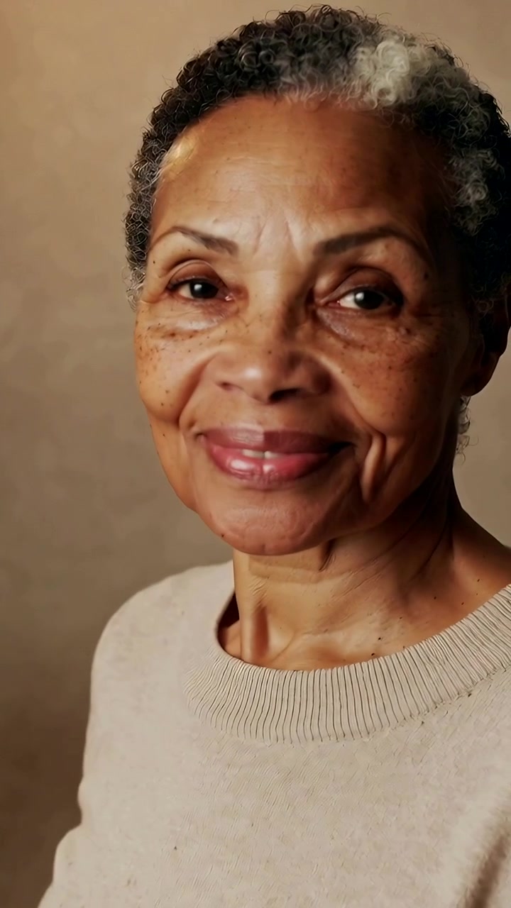Vertical video: Cue turning senior woman smiling for portrait in studio, beige sweater and backdrop