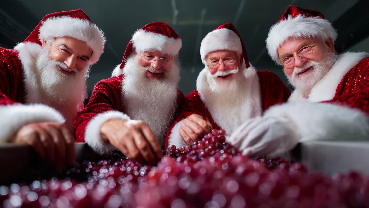 Four cheerful Santas gather together in a festive setting, joyfully sorting through a large pile of luscious grapes, creating a delightful and whimsical atmosphere filled with holiday spirit and camaraderie
