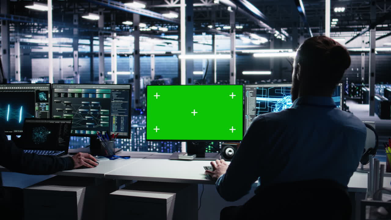 Data Center Engineer Using Machine Learning Algorithms On Green Screen Pc