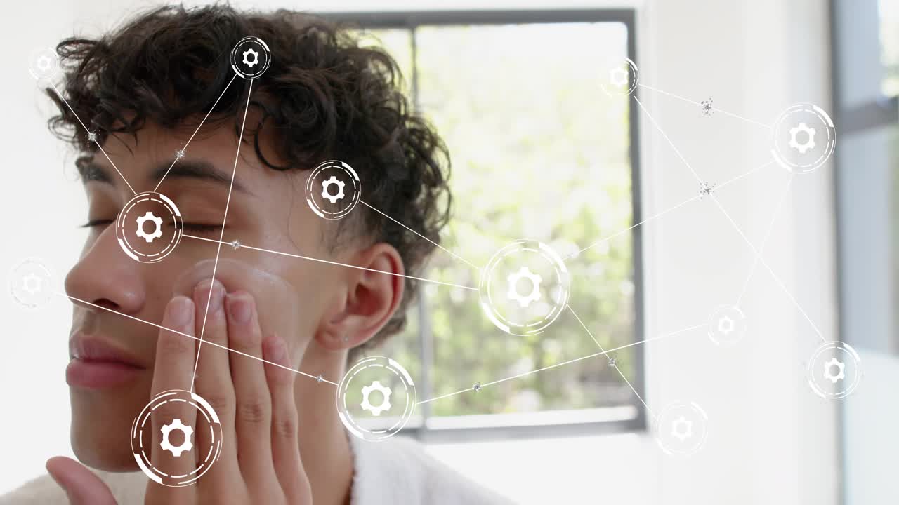 Adult man raising right hand, dabbing then massaging facial cream for skincare, HUD tracking points