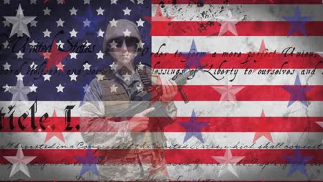 animation of soldier with american constitution text and stars over american flag