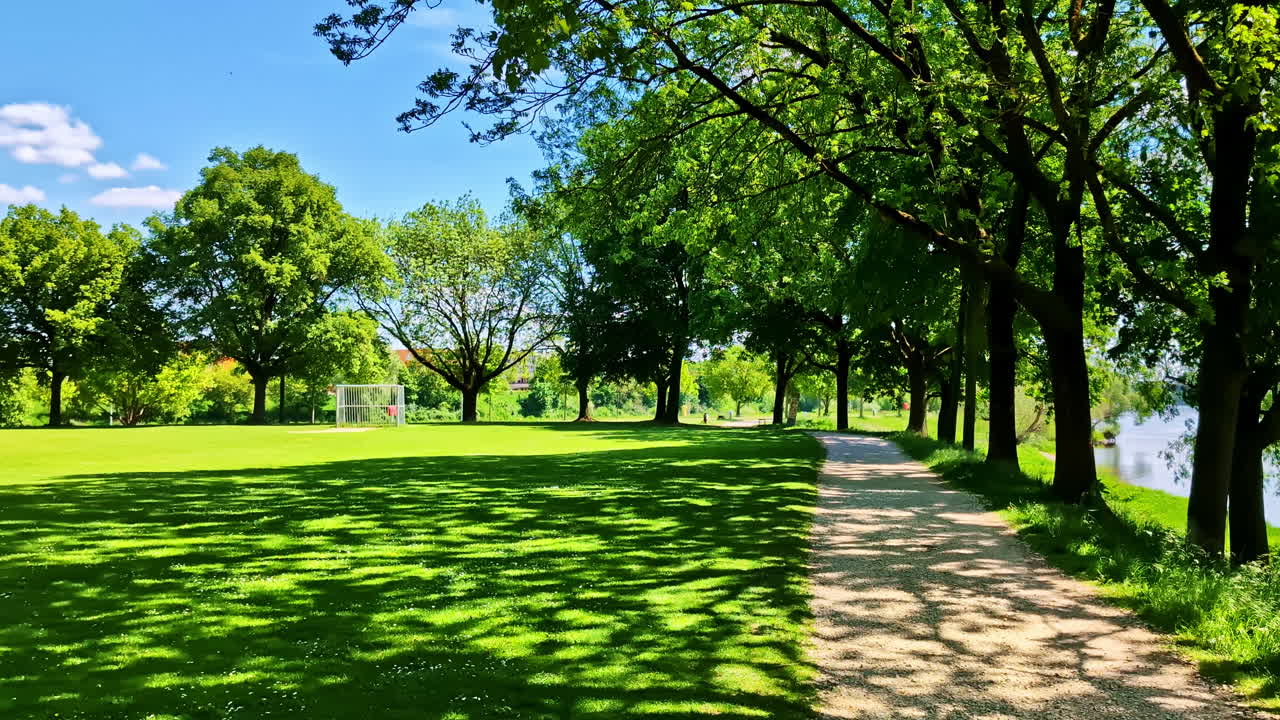 Tree-lined walking path with grass field and soccer goal in Bolzplatz, Regensburg