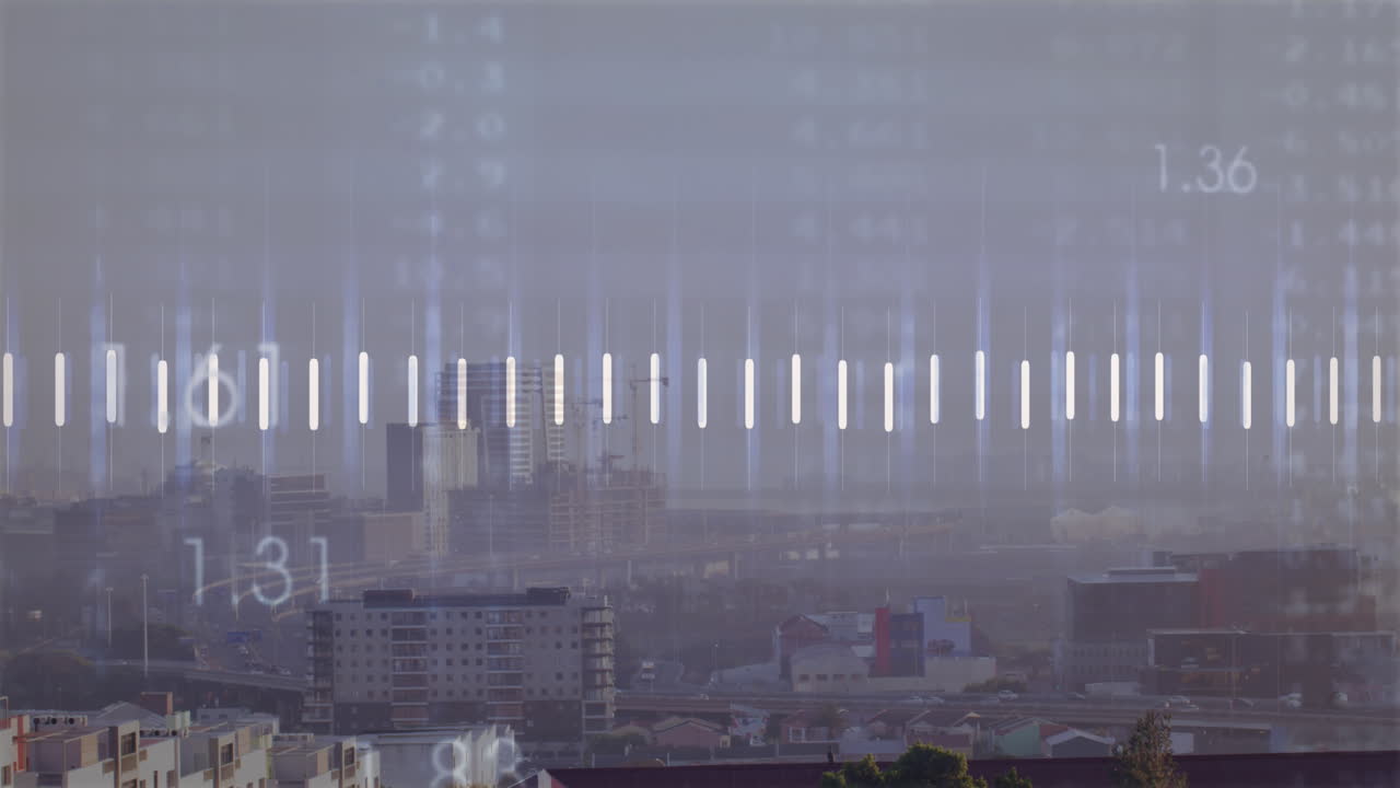 도시 풍경 위의 금융 데이터 처리 애니메이션