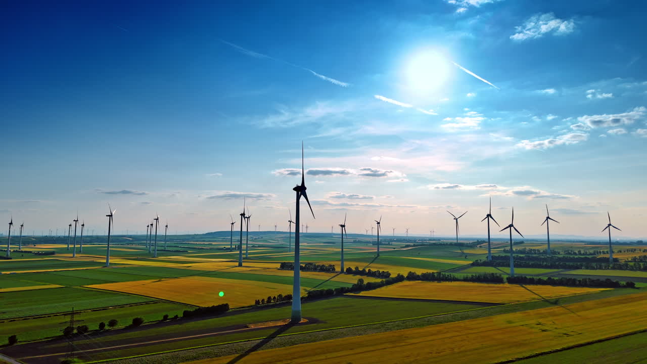 Numerous wind turbines in the beautiful vast fields. Drone flight over the plantation in the countryside.