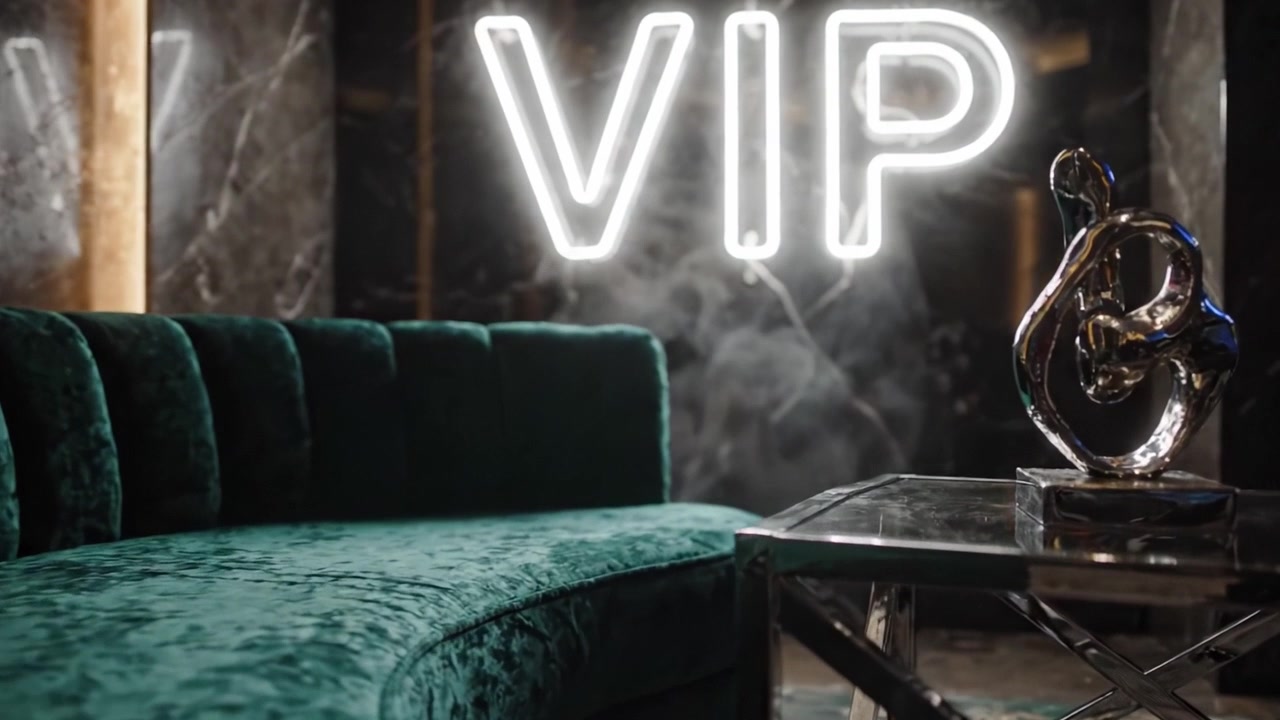 Ylellinen VIP-lounge, jossa tyylikäs vihreä samettisohva ja neonkyltit, täydellinen hienostuneisiin kokoontumisiin ja eksklusiivisiin tapahtumiin.