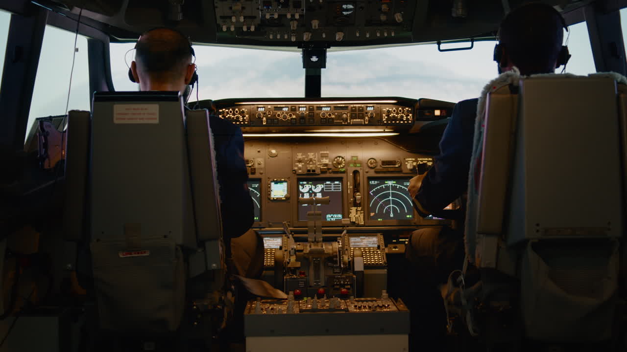 Captain and copilot throttling engine handle to fly airplane