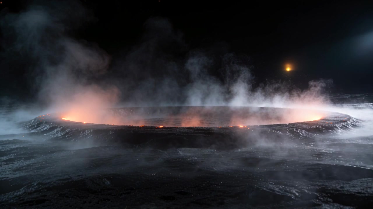 Releasing steam, crater ring emitting glowing vents from subsurface heat on rocky plain at night