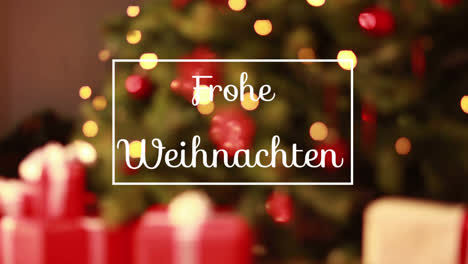 Animation-Of-Frohe-Weihnachten-Greeting-Text-In-Frame-Over-Christmas-Decorations