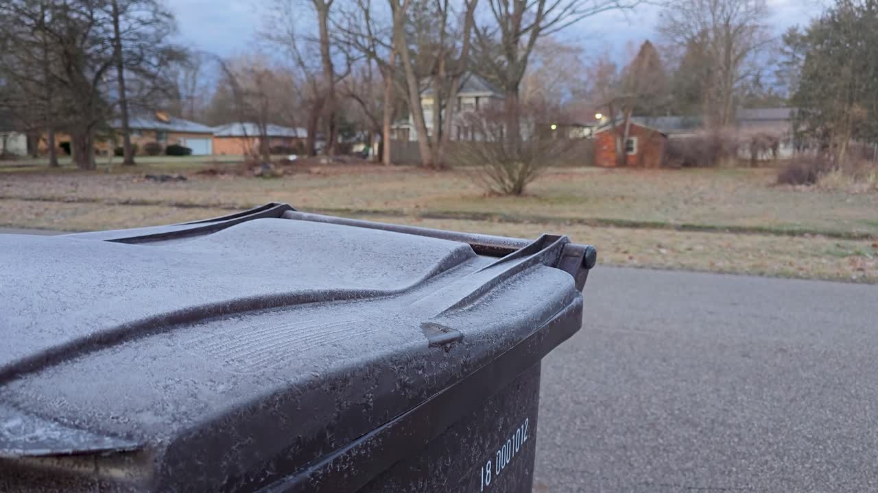 Frost Covered Trash Can on a Cold Winter Morning