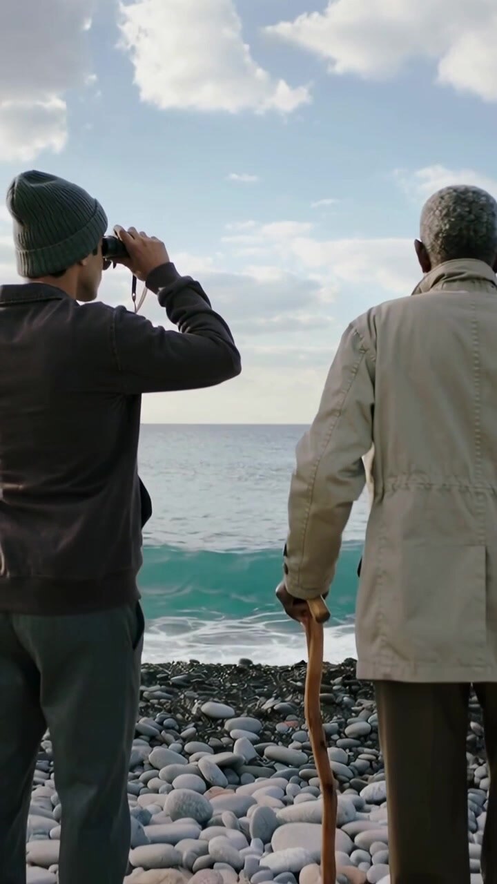 Vertical video: Raising binoculars man wearing beanie scanning sea on bay, senior with cane joining