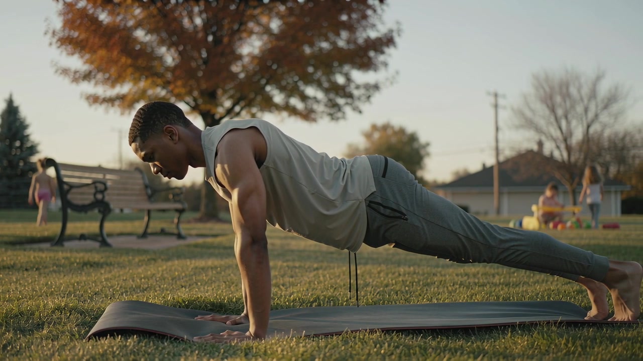 Holding high-plank man in sleeveless top, dark pants performing push-ups on mat in park
