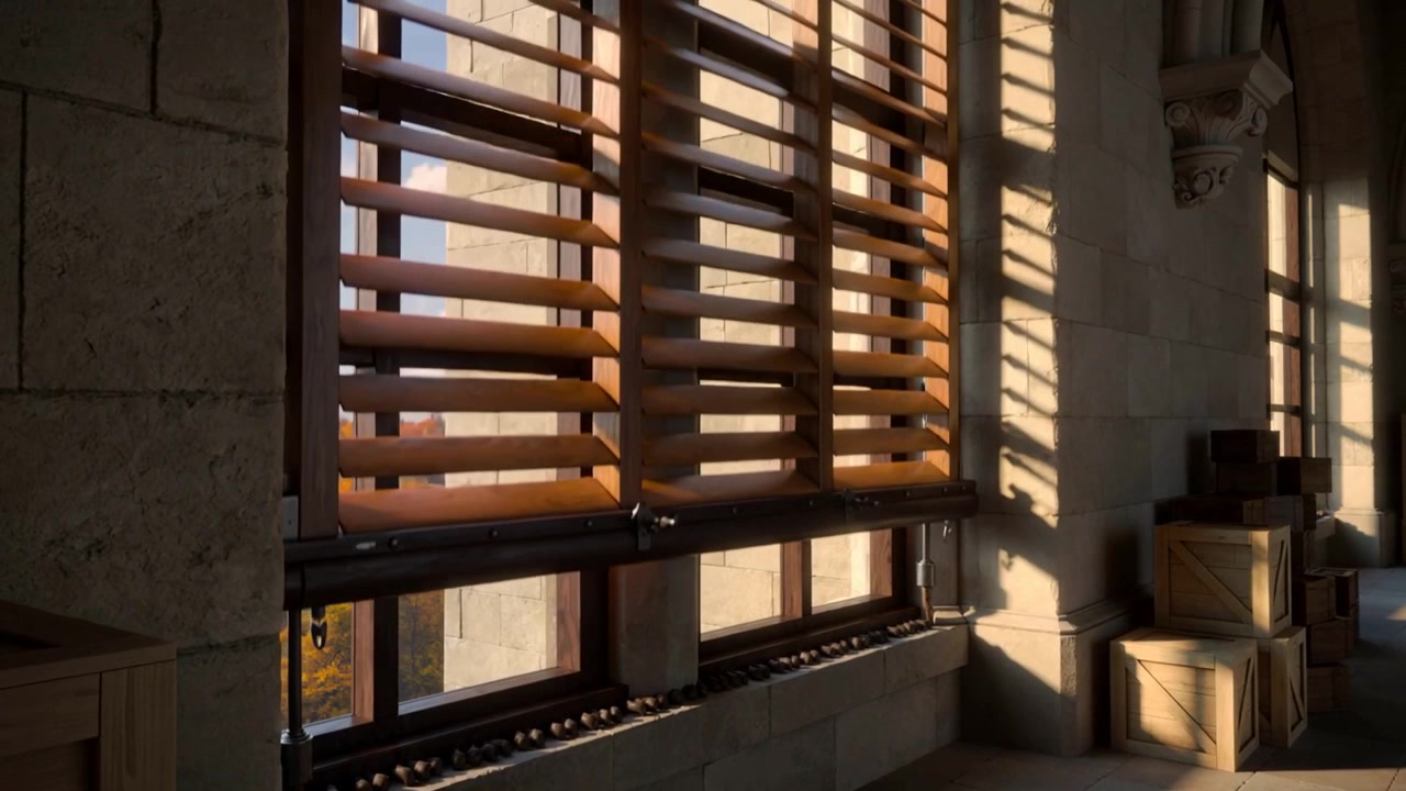 Lowering wooden shutters by pulley, slats tilting closed in stone tower, blocking light over crates
