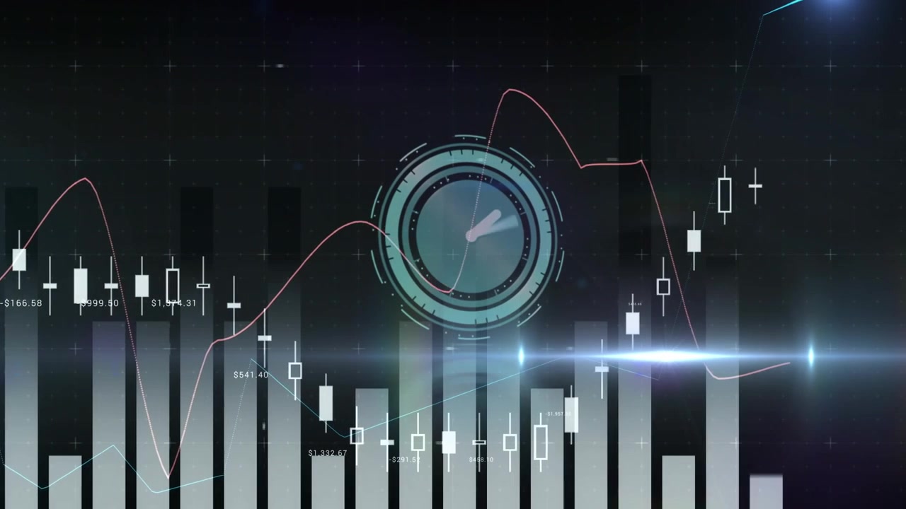 Animation of data processing over moving clock on black background