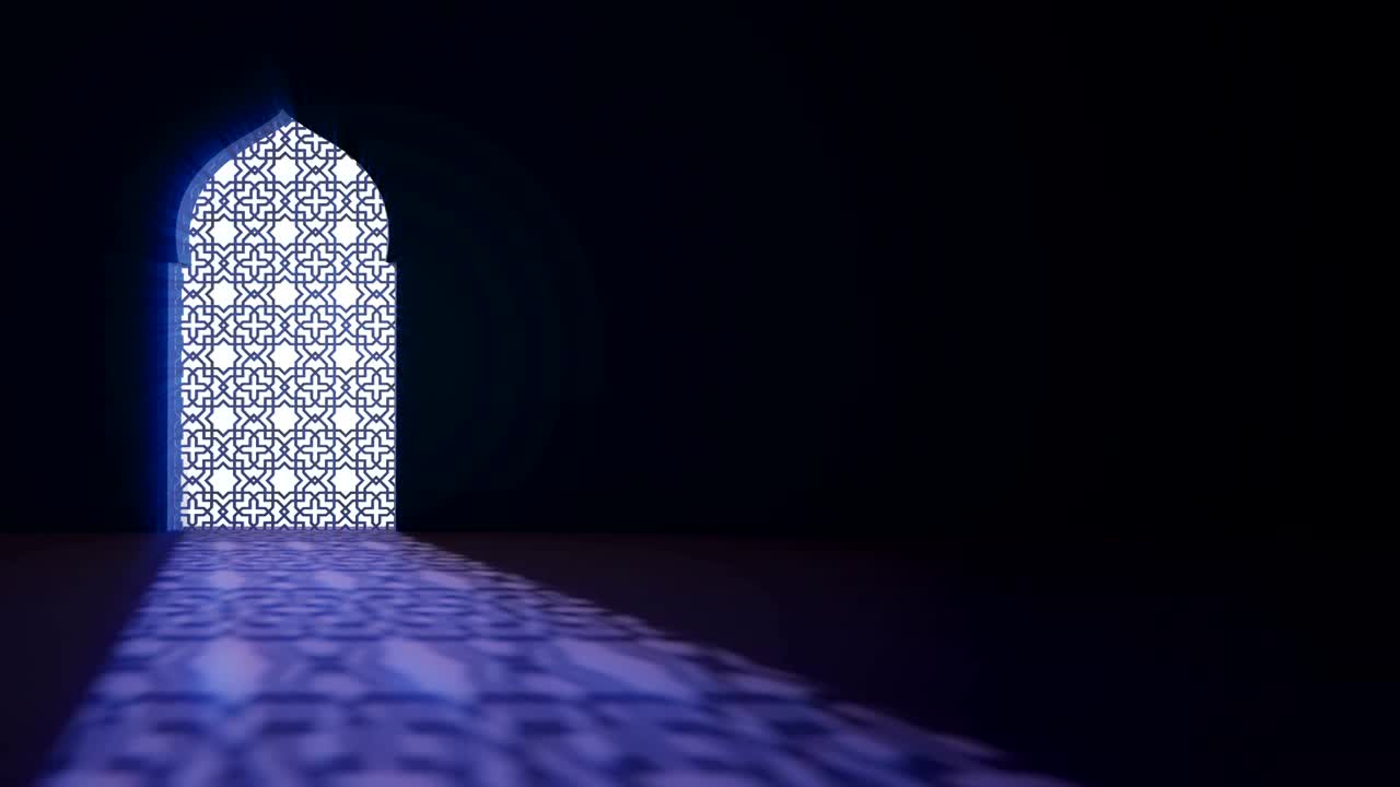 Jendela atau pintu interior masjid Islami dengan berkas cahaya masuk. Latar belakang gerak Islami Ramadan Kareem. Animasi 3D
