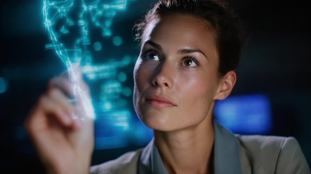 A focused woman intently examines a holographic display, contemplating the implications of advanced technology while surrounded by an atmospheric digital environment that enhances her analytical expression
